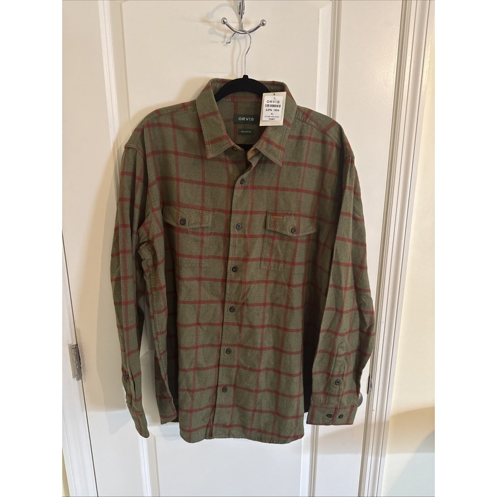 Orvis Fairbanks Elk Creek Jaspe Flannel Shirt Men's XL Olive Green & Red NWT